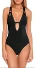 Becca by Rebecca Virtue Sz L Color Code Skylar Plunge One-Piece Swimsuit Black