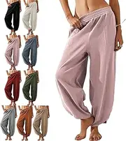 [Generic] Thneed Wrap Pants, Thneed Beach Wrap Pants, Womens Baggy Wide Leg Cotton Elastic Waisted Harem Pant Palazzo, Pink, Small