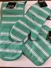 Green Butchers Stripe Double Oven Mit, Oven Glove and Pot Holder Set by Ladelle