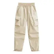 High Waist Plain Drawstring Cargo Baggy Pants Almond - M