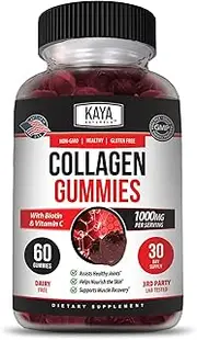 Kaya Naturals Collagen Gummy for Men & Women, 60 Count, 1000mg of Hydrolyzed Collagen, Vitamin C, Selenium & Biotin, Strawberry Flavor (60 Gummies)