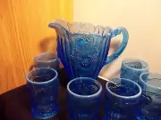 MOSER BLUE OPAL EDGE PITCHER W / 6 GLASSES #1605