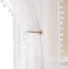 White Pom Pom Trim Voile Curtain Panels Net Sheer Rod Pocket Top​ Home Decor