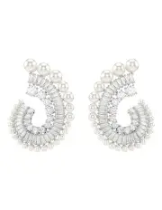 [Swarovski] Crystal Pearl Mixed Cuts Rhodium Plated Drop Earrings in White