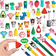 70 Pcs Cartoon Pencil Toppers for Kids, Animal Pen Caps, Tip Protection, Dinosaur Unicorn Erasers for School Prizes, Classroom Supplies Favors (Mixed)