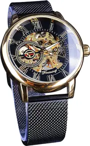 FORSINING Men's Skeleton Watch Steampunk Watch Black Mechanical Watch for Men Minimalist Retro Design Mechanical Skeleton Wrist Watch Transparent