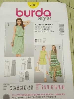 Burda Pattern 7083 Boho Easy Dresses Tunics Sizes 6 8 10 12 14 16 18 UNCUT