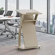 Mobile Podium Stand, Wooden Speaking Lectern, Standing Desk with Caster Wheels, Rolling Laptop Stand for Classroom, Churches, Auditorium, Meeting Room