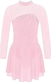 [TiaoBug] Girls Long Sleeves Figure Ice Skating Dress Kids Leotard Roller Skating Rhinestones Sheer Mesh Ballet Dance Dress