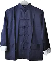 [CORETIC] Men's Cotton Linen Kung Fu Shirt Chinese Traditional Tang Suit Tai Chi Blouse Long Sleeve Jacket Coats, Grey Blue, Large