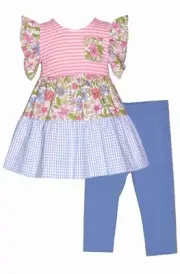 NEW Bonnie Jean Size 12M Girls "BLUE PINK MIXED-PRINT" Tunic Top Pant Set NWT