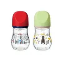 在飛比找Yahoo!奇摩拍賣優惠-瘋狂寶寶**貝親 設計款母乳實感玻璃奶瓶160ml(綠熊/紅