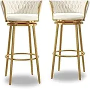 Velvet Woven Bar Stools Set of 2, Counter Height Swivel Barstools with Low Back and Metal Base