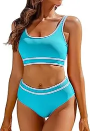 [AI'MAGE] Swimsuit Set for Women 2 Piece Ribbed High Waisted Bikini Set Sporty Color Block Bathing Suits XS-2XL