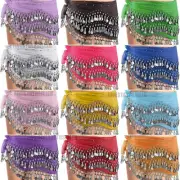 12Pcs Belly Dance Hip Scarf Skirt Wrap 128 Silver Coins Chiffon Sequin Halloween