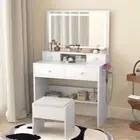 White Vanity Table with LED Mirror, Stool & USB – Makeup Desk with Drawers
