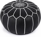 Marrakesh Gallery Genuine Leather Round Pouf Unstuffed - Moroccan Ottoman BLACK