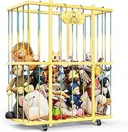 Extra Large Stuffed Animal Organizer, Bamboo Stuffed Animal Zoo Storage Cage, Stuffed Animal Holder with Wheels, Plush Toy Storage Organizer, Stuffed Animals Storage for Nursery Playroom (Bamboo)