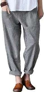 [Minibee] Women's Wide Leg Harem Pants Cotton Linen Striped Casual Palazzo Pants with Pockets
