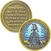 Witch Challenge Coin - Inspirational Motivational Coin, Unique Design with Witch, Cat & Pumpkin, 1.57 Inches for Halloween, Empowerment & Courage