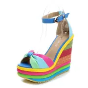 Catzon Ladies Ankle Strap High Heel Platform Wedge Sandals-Rainbow Blue