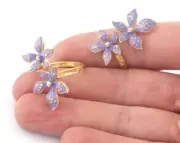 Flowers Adjustable Ring Shiny Gold Plated Brass Lilac enamel Filled 9US 2827