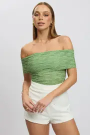 Green Textured Top Off Shoulder - Size 16XL, Women's Top