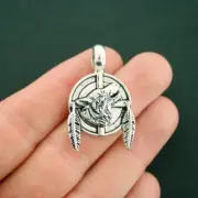 2 Wolf Pendant Charms Antique Silver Tone With Feathers and Large Loop - SC7137