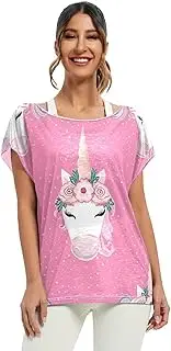 [RPLIFE] Whimsical Unicorn Pink Womens Blouse, Casual Top Batwing Shirts Women S-XXL