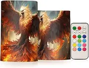 XYMZR Fantasy Phoenix Fire Flameless Candles with Remote Set of 2 - No Batteries Included, 3” Diameter Battery Candles Flickering with Timer, LED Pillar Votive Candles for Outdoor Indoor