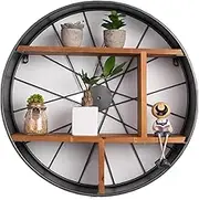 Floating Shelves, Black Metal Wall Mounted Shelf,Wrought Iron Wheel Rack, Industrial Design Metal Circle Wooden Shelf Unit for Collectibles Photos Frames Plants