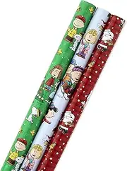 Hallmark Christmas Peanuts Wrapping Paper with Cut Lines on Reverse (Pack of 3, 105 sq. ft. TTL) Snoopy, Charlie Brown, Woodstock (5JXW1036)
