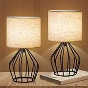 Clora Black Modern Table Lamp Minimalist Bedside Lamp with Hollowed Out Base Linen Fabric Shade Vintage Nightstand Lamp for Bedroom Living Room Side Table Desk Kids Room (2 Pack)