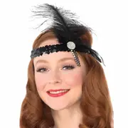 Black Sequin Flapper Headband with Feather