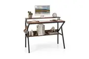Costway Computer Desk Metal Frame Gaming Desk w/Monitor Stand Study Table Home Office Desk Workstation Brown