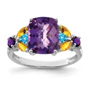 Sterling Silver Rhodium-plated Amethyst, Blue Topaz u0026 Citrine Ring