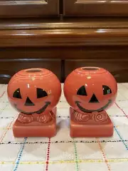 Fiesta Candle Holders Happy Pumpkin On Persimmon Pair Round Bulb Excellent