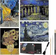EGOSKY Scratch Painting, 4 Pack Van Gogh Scratch Art Rainbow Paper for Adults and Kids, DIY Art Craft Night View Scratchboard with 4 Scratch Tools