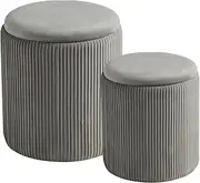 [BLEXA] Round Ottoman with Storage Set of 2-Upholstered Velvet Vanity Stool for Makeup Multifunctional Ottomans Coffee Table Padded Seat Foot Rest for Living Room&Bedroom (Ligth grey)
