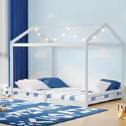 Oikiture Kids Wooden Bed Frame Timber House Beds Base with Fence Double White