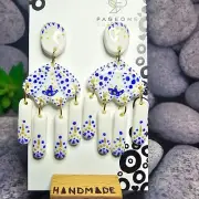 TRADITIONAL WHITE BLUE GOLD RESIN EARRING SILVER POLYMER CLAY HANDMADE PAGEONE