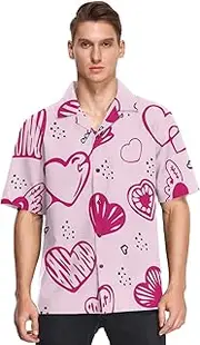 [GuoChe] Hawaiian Short Sleeve Button Shirt Men Valentine's Day Gifts Red Hearts Pink Dating Camisas Manga Corta para Hombre