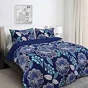 Ramesses Printed Sherpa Flannel Fleece Reversible Blanket Set Queen/King Blue Flower