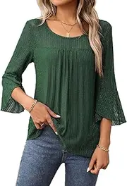 [casuress] Women's 3 4 Sleeve Tops Sparkly Dressy Casual Double Layers Mesh Shirt Business Work Blouses Office Tunic Tops