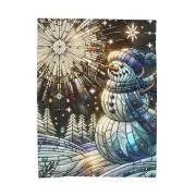 Velveteen Plush Blanket Stained Glass Style Art Snowman Winter Snowflake Holiday