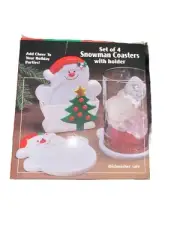 Vintage Christmas Set of 4 Snowman Coasters with Holder Plastic Dishwasher Safe