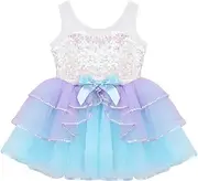 [Aislor] Kids Girls Sparkly Sequins Mesh Splice Bowknot Waist Ballet Dance Gymnastics Leotard Dress Tulle Skirts