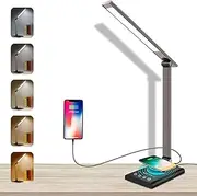 LED Desk Lamp 12W with Fast Wireless Charger & USB Charging Port, Led Desk Light with 35 Dimmable Adjustable Lighting, 40min/1hr Timer, Eye-Caring Bedside Lamp for Home Office, Reading, Study (Grey)