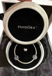 Pandora BNIB Rare Mother’s Day Set- Bracelet, Heart,2 Blue Pave Clip,porcelain