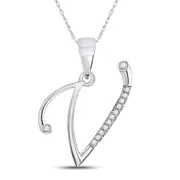 14k White Gold Round Diamond V Initial Letter Pendant 1/20 Cttw